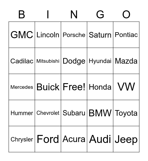 Car Manufacturers Bingo Card
