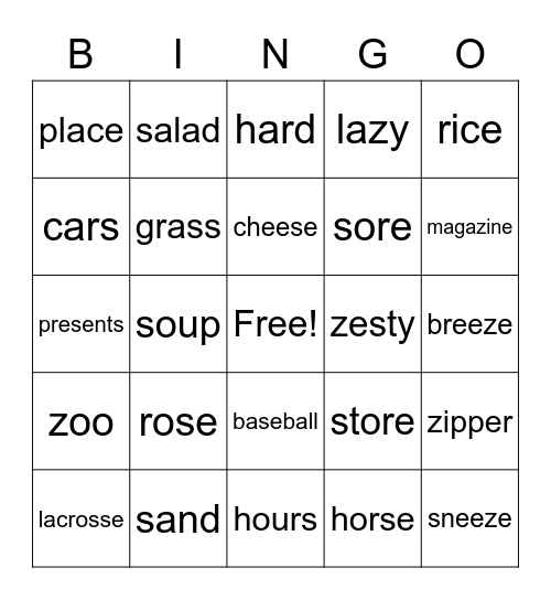 r, s, and z bingo! 2 Bingo Card