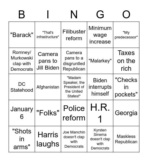 2021 Joint Session of Congress Bingo Card