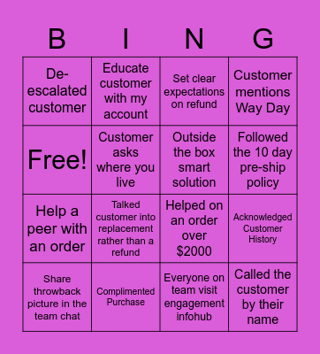 Way Day Bingo Card