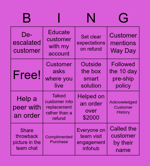 Way Day Bingo Card