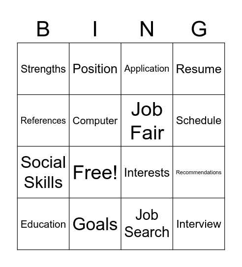 Vocational Skills Bingo Card