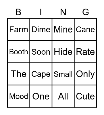 Sight Words Bingo Card