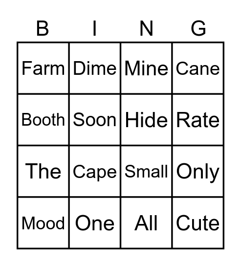 Sight Words Bingo Card