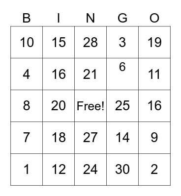 Multiplication Bingo Card