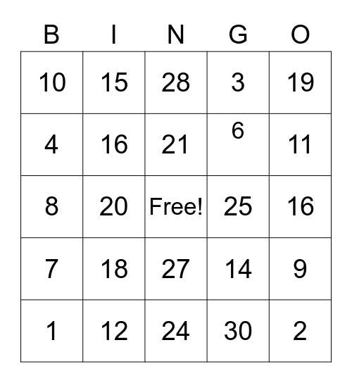 Multiplication Bingo Card
