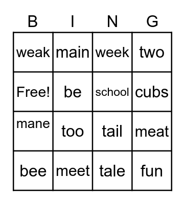 Homophones Bingo Card