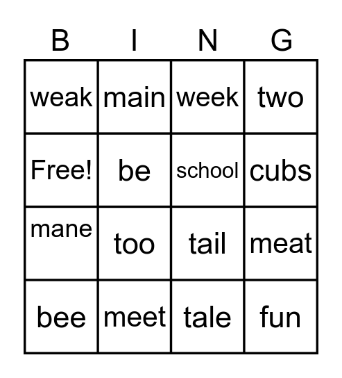 Homophones Bingo Card