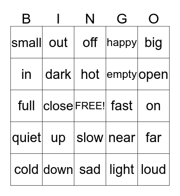 Opposites Bingo Card