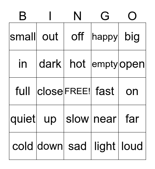 Opposites Bingo Card