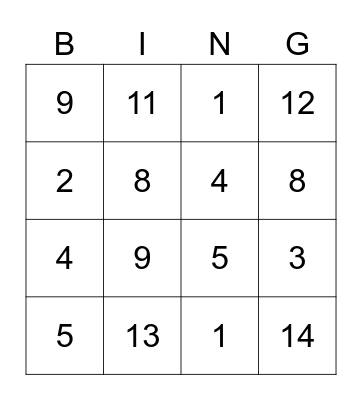 Subtraction Bingo Card