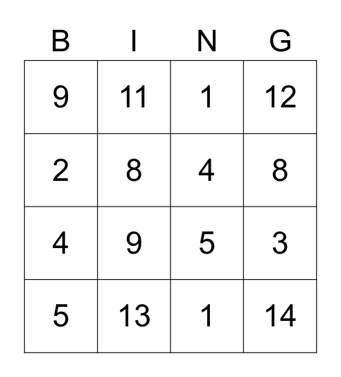 Subtraction Bingo Card