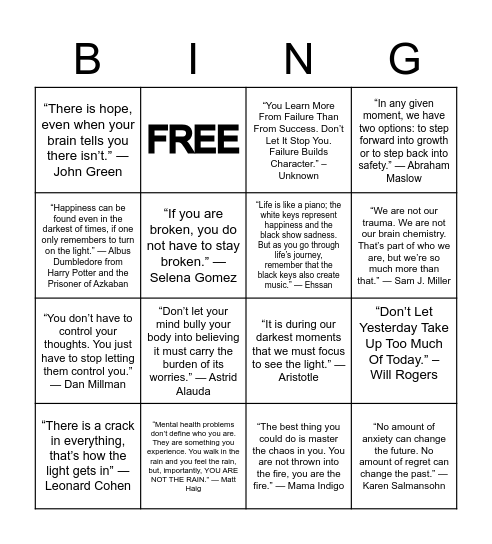 CHOOSE HOPE Bingo Card