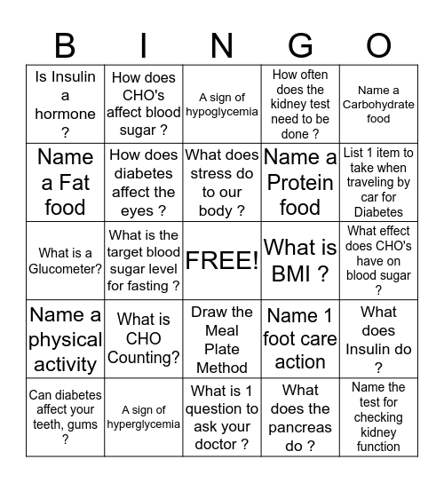 Diabetes -  Bingo Card