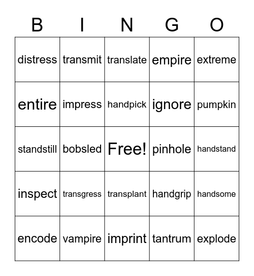 syllable division Bingo Card