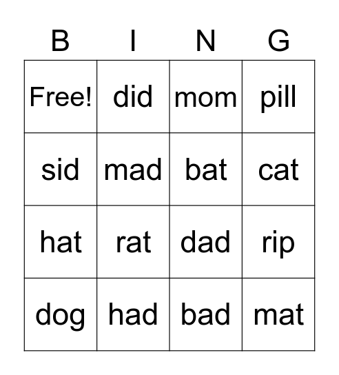 CVC Words Bingo Card