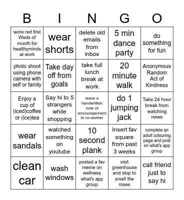 Weekly Wellness Challenge Week 4 Bingo Card