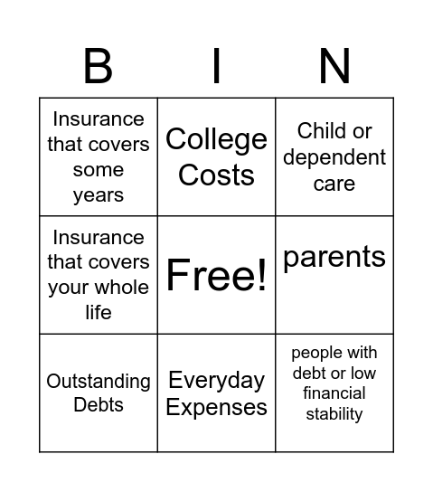 life insurance Bingo Card