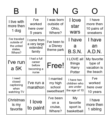 Getting to know you... Bingo Card