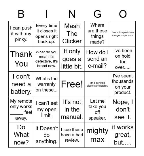 Things Customers Say! Bingo Card