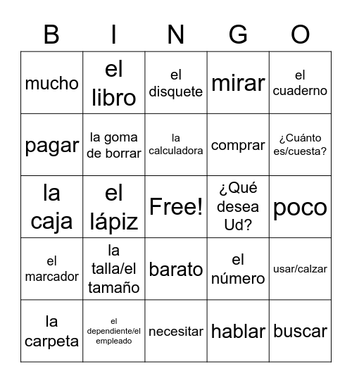 c3 Las Compras para la Escuela.1 Bingo Card