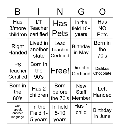 STAFF BINGO Card