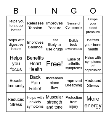 Health Benefits of Yoga Bingo Card