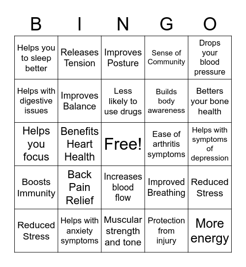 Health Benefits of Yoga Bingo Card