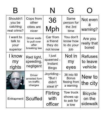 Traffic Bingo Card
