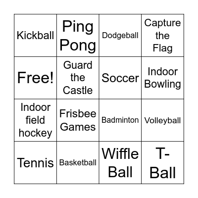 Fitness Games Bingo Card