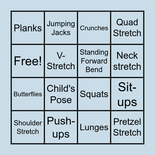 Fitness Stretches/Exercises Bingo Card