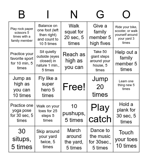 Gr 6 PE Fitness Bingo...complete your card! Bingo Card