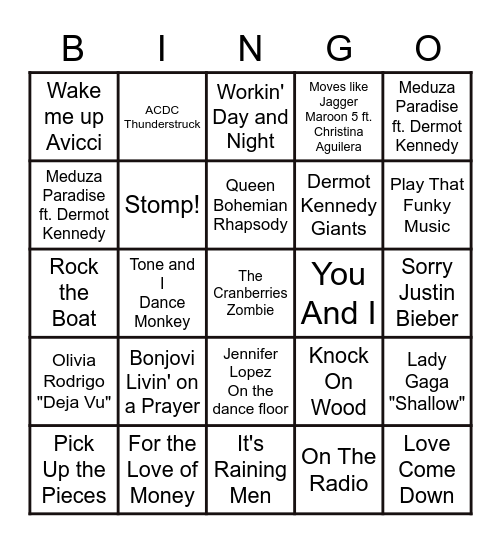DISCO SONGS Bingo Card