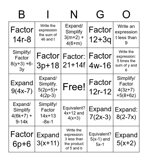 Expanding and Factoring Expressions Bingo Card