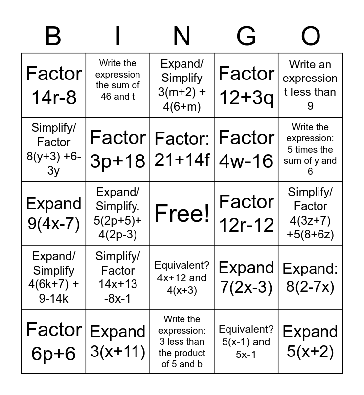 Expanding And Factoring Expressions Bingo Card