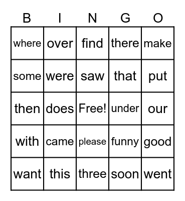 Sight Word Bingo Card