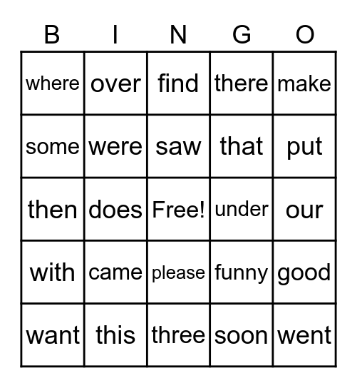 Sight Word Bingo Card