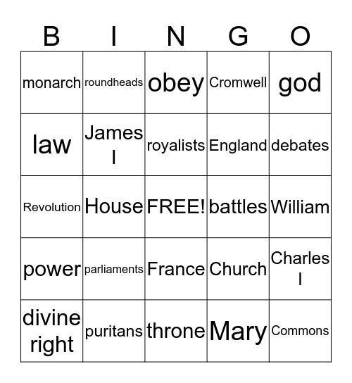 Revolution in England Bingo Card