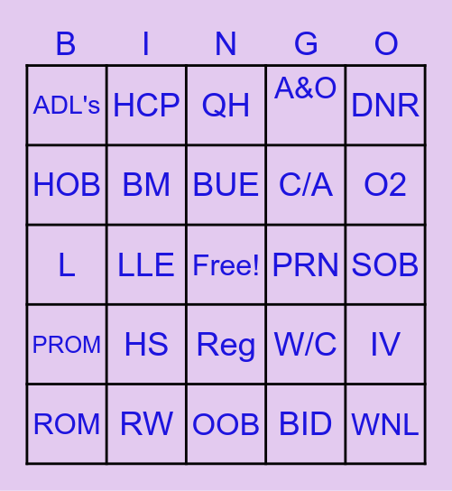 CNA Abbreviations Bingo Card