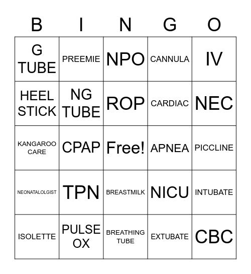 NICU Nurse Week 2021 Bingo Card