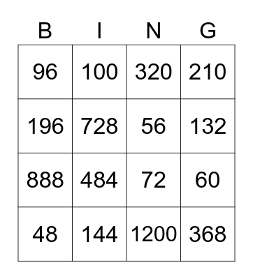 multiplication Bingo Card