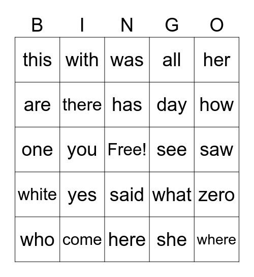 Sight words Bingo Card