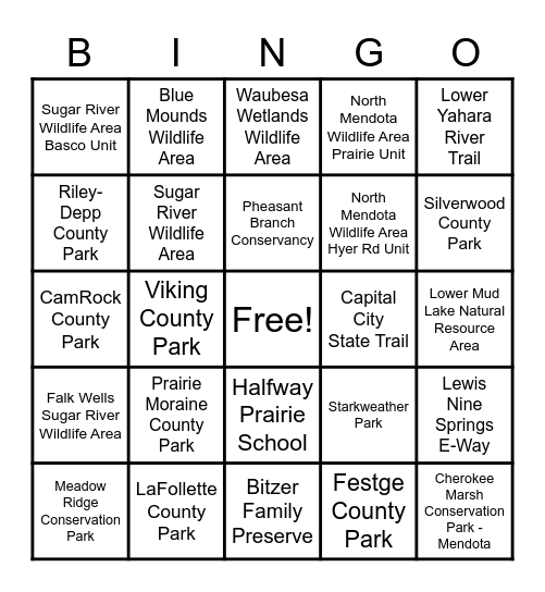 Dane County and City of Madison Parks Bingo Card