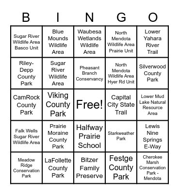 Dane County and City of Madison Parks Bingo Card