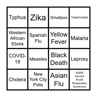 Pandemic/Epidemic Bingo Card