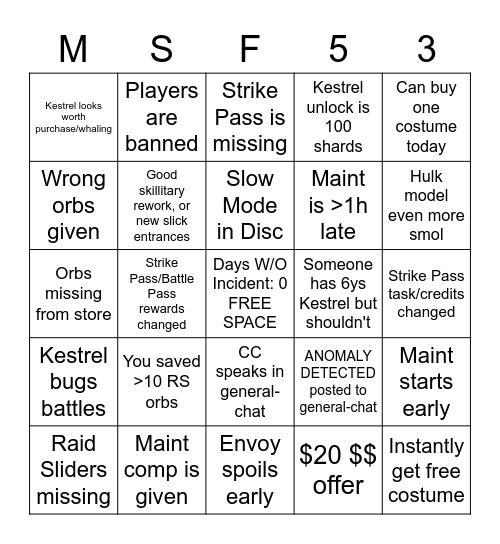 MSF Update Bugs Bingo 5.3 Bingo Card