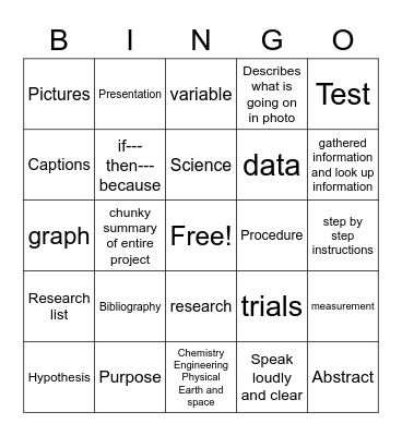 Science Fair KEY words Bingo Card