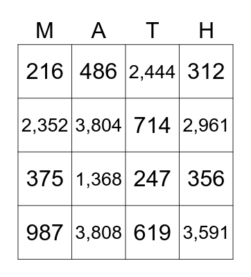 Multiplication & Division Bingo Card