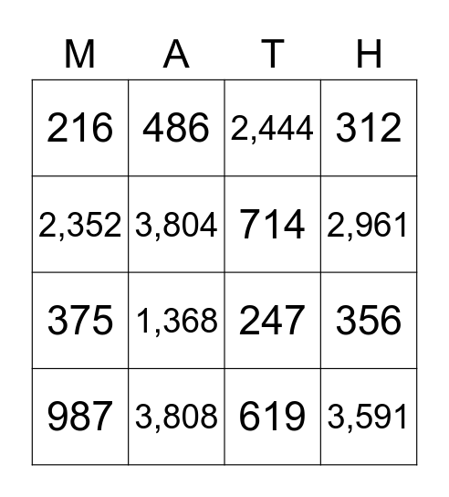 Multiplication & Division Bingo Card