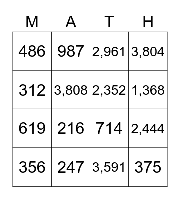 Multiplication and Division Bingo Card